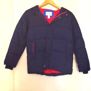 Boys puffer,does-it-all winter coat! Navy w/red soft interior. Boys L. LIKE new!